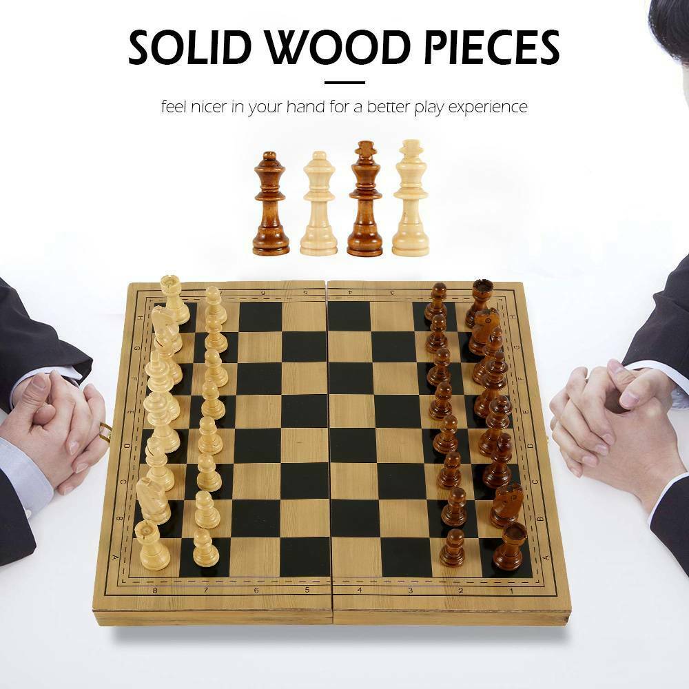 3 IN 1 Wooden Chess Set Folding Chessboard Wood Pieces Draughts Backgammon Toy V201-BBA1225WO8AU