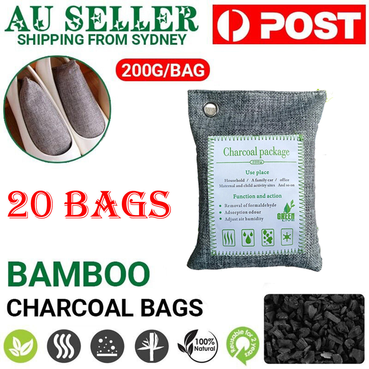 20PCS Air Purifying Bags Activated Bamboo Charcoal Freshener for Car Home Shoes 200g V201-BBZ2021DG8AU4