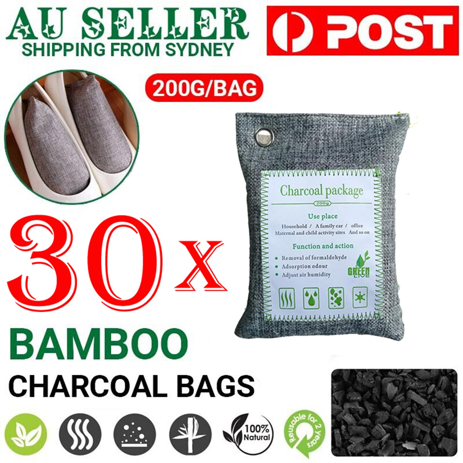 30PCS Air Purifying Bags Activated Bamboo Charcoal Freshener for Car Home Shoes 200g V201-BBZ2021DG8AU6