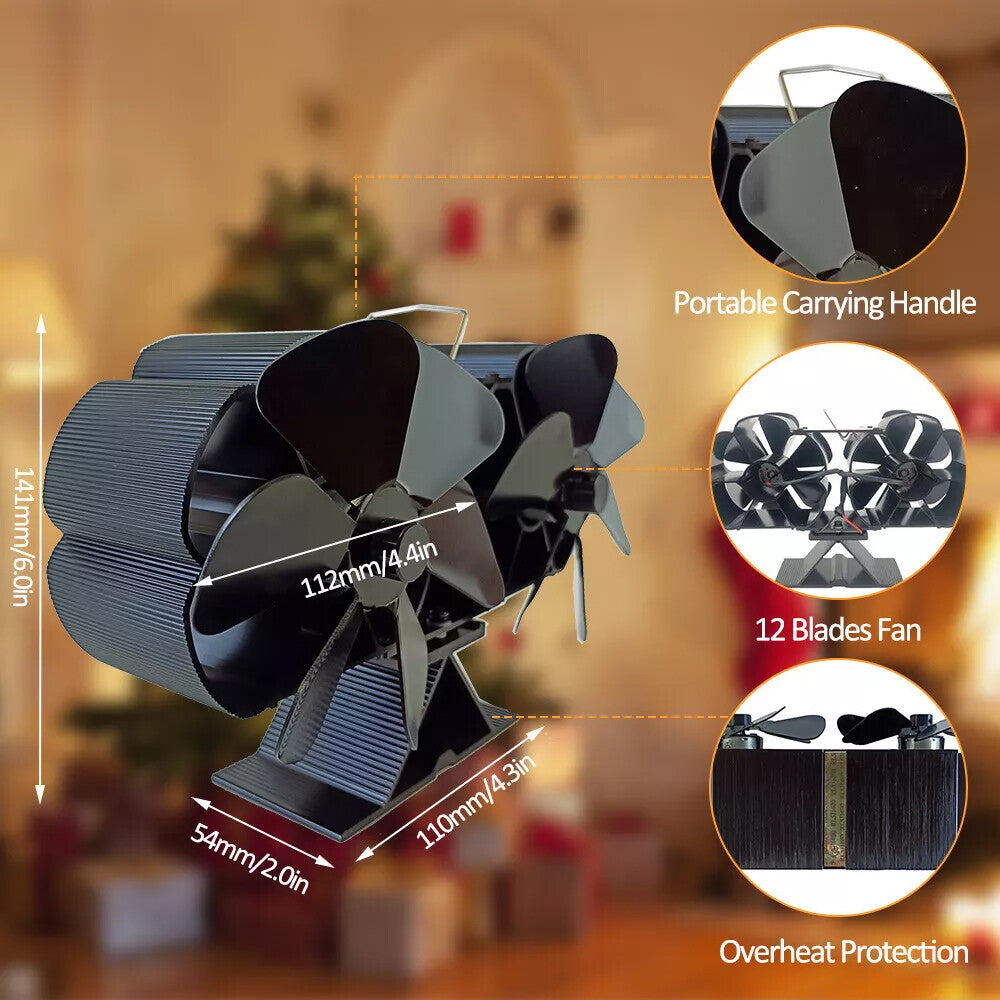 12 Blade Fan Heat Self-Powered Wood Stove Top Burner Fireplace Silent Eco Heater V201-BCJHDFCA0212