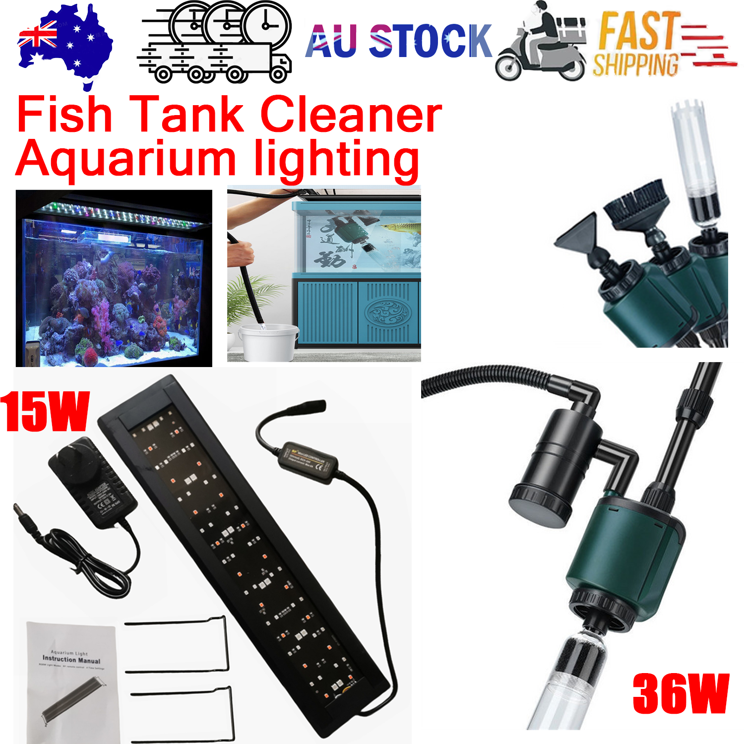 36W aquarium sand washer with plug adapter & 15W 66LED RGBW aluminum shell bracket light 40CM/28-key control V201-BCJHDHLYG218