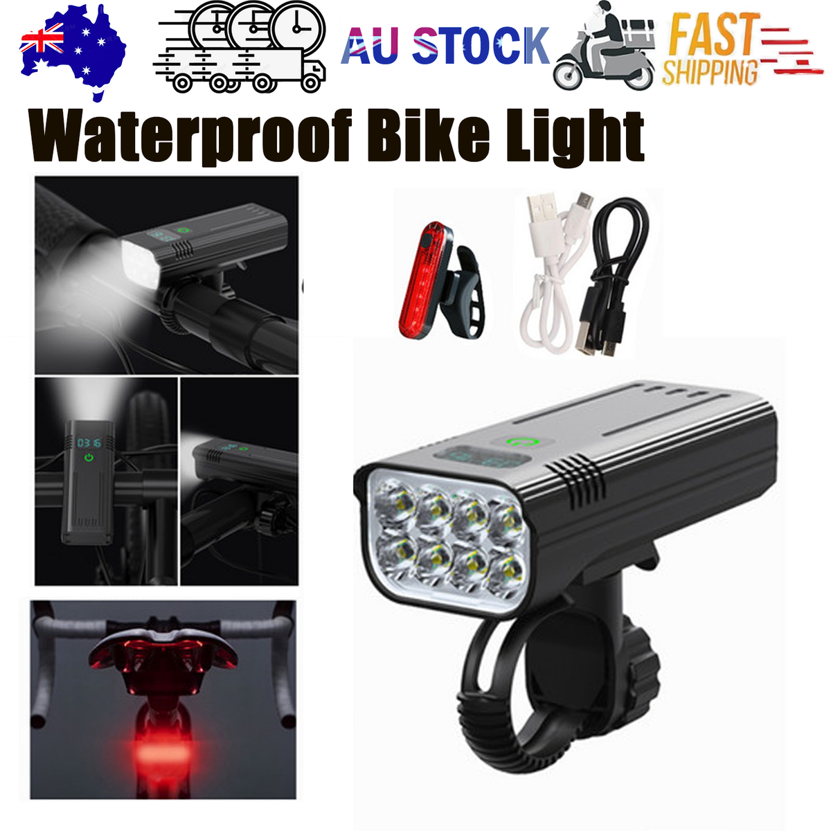 Waterproof Bike Light Set with Digital Battery Display Aluminum Alloy 360 degrees Mount V201-BIK0008BL8AU