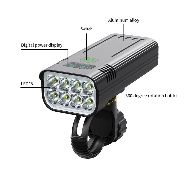 Waterproof Bike Light Set with Digital Battery Display Aluminum Alloy 360 degrees Mount V201-BIK0008BL8AU