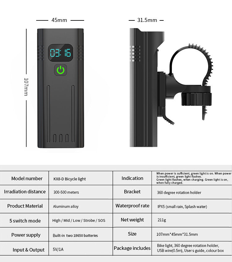 Waterproof Bike Light Set with Digital Battery Display Aluminum Alloy 360 degrees Mount V201-BIK0008BL8AU