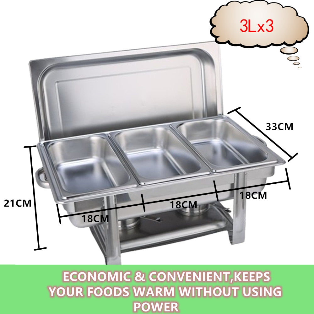 9L Chafing Dish Set Buffet Pan Bain Marie Bow Stainless Steel Food Warmer(3*3L) V201-BRO3-AU