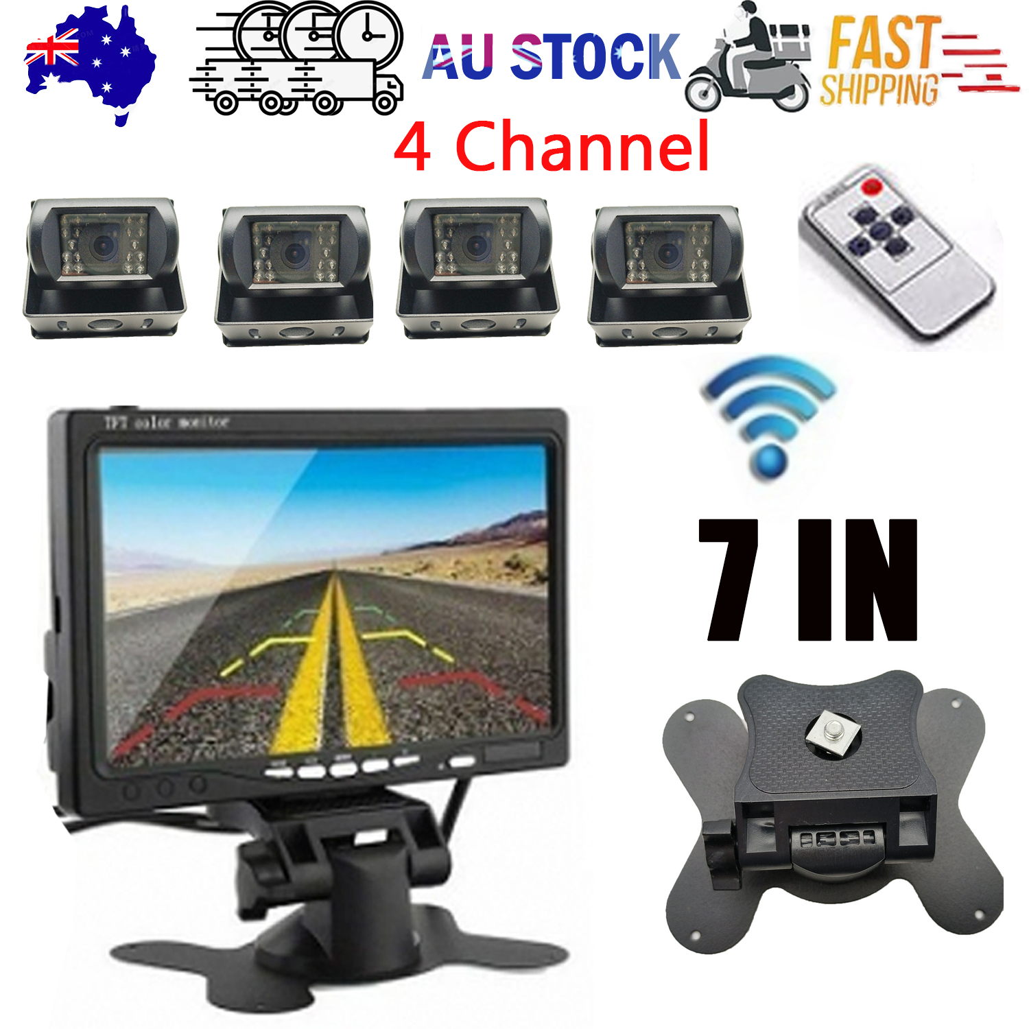 Wireless 4-Channel Split 7" Screen Monitor w/4 Reversing Camera Kit for Truck Trailer Bus V201-CAR0407BL8AU