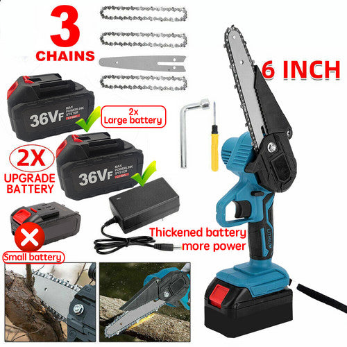 6" Mini Cordless Electric Chainsaw Powered Wood Cutter Rechargeable&2X Battery V201-CSFDZ0036BU