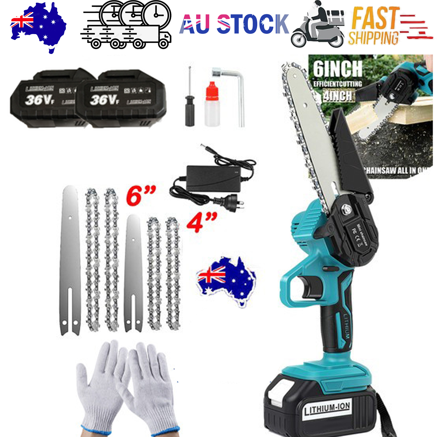 4"+ 6" Chainsaw Cordless Rechargeable Wood Cutter Saw Chain Saws Electric New V201-CSFDZ0036BU2