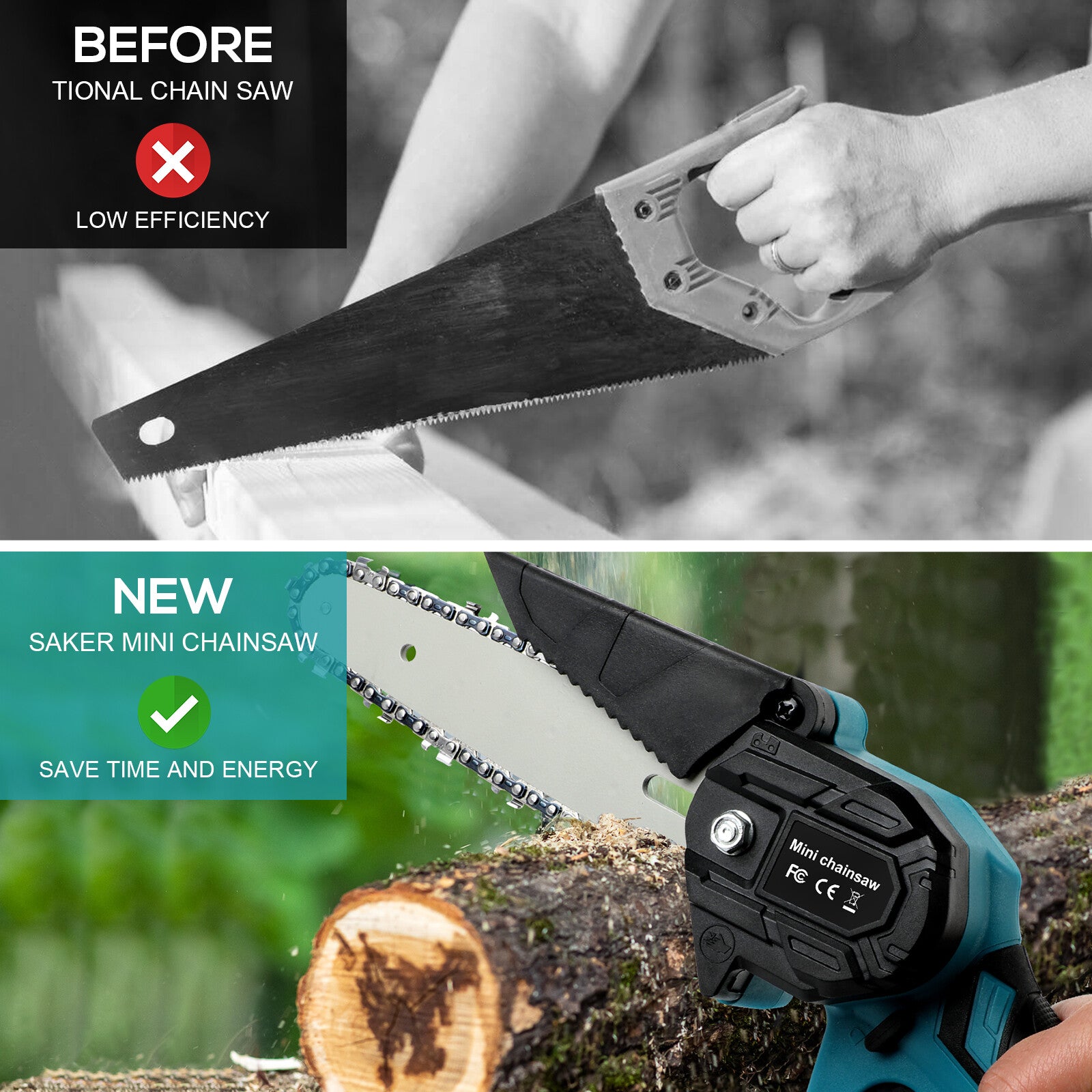 4"+ 6" Chainsaw Cordless Rechargeable Wood Cutter Saw Chain Saws Electric New V201-CSFDZ0036BU2