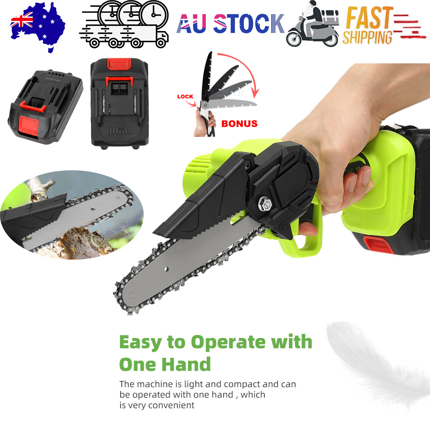 6" Mini Cordless Electric Chainsaw 2X Battery Powered Wood Cutter Rechargeable V201-CSFDZ0036GR