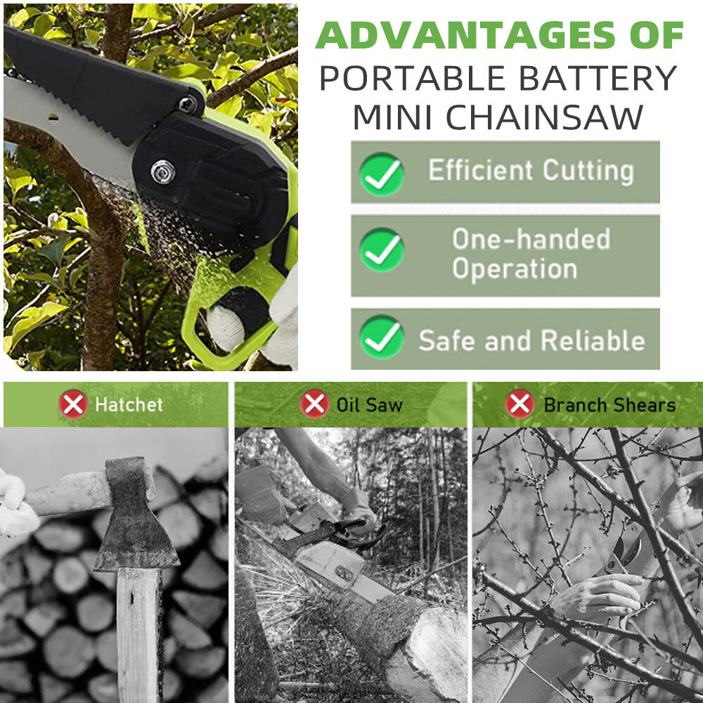 6" Mini Cordless Electric Chainsaw 2X Battery Powered Wood Cutter Rechargeable V201-CSFDZ0036GR