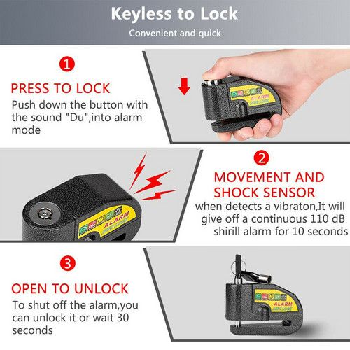 Black Motorcycle Alarm Disc Lock Motor Bike Brake Security Electric Bicycle Lock AU V201-CSHBZ1110BL