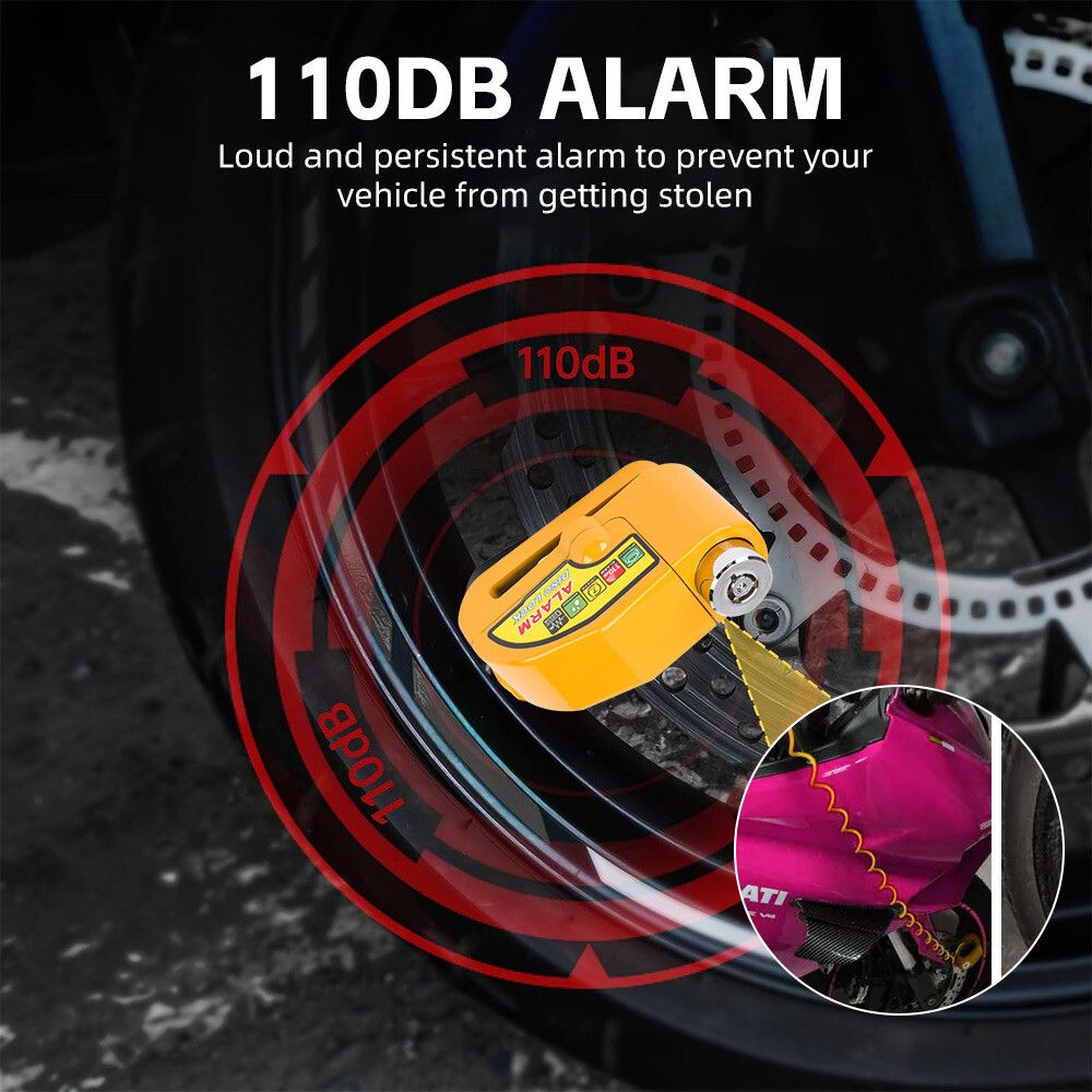 Yellow Motorcycle Alarm Disc Lock Motor Bike Brake Security Electric Bicycle Lock AU V201-CSHBZ1110YL