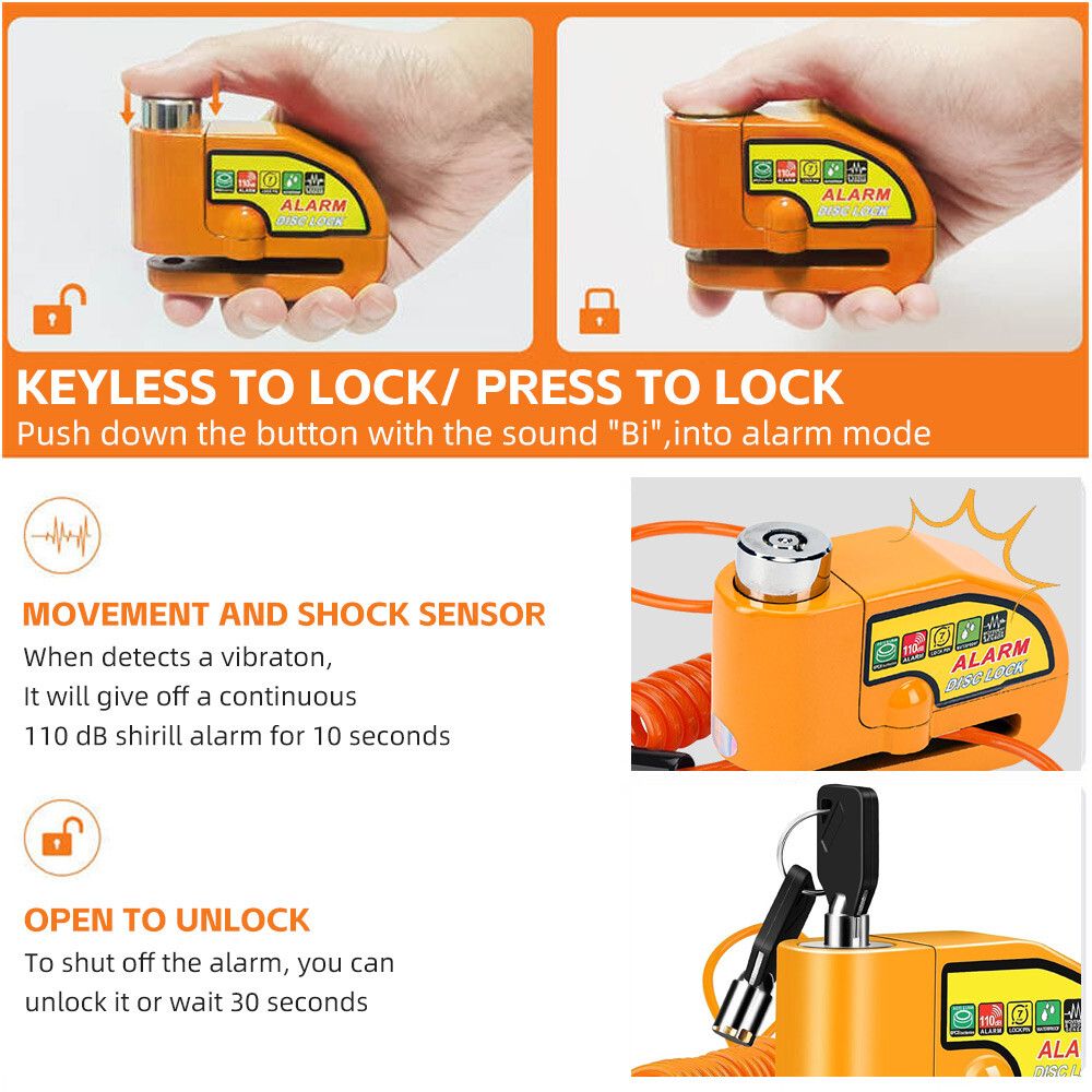 Yellow Motorcycle Alarm Disc Lock Motor Bike Brake Security Electric Bicycle Lock AU V201-CSHBZ1110YL