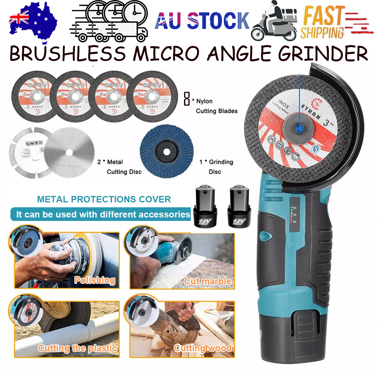 800W Mini Cordless Brushless Angle Grinder Cutting Tool W/ 2x Battery & Charger V201-CUT0012BU8AU