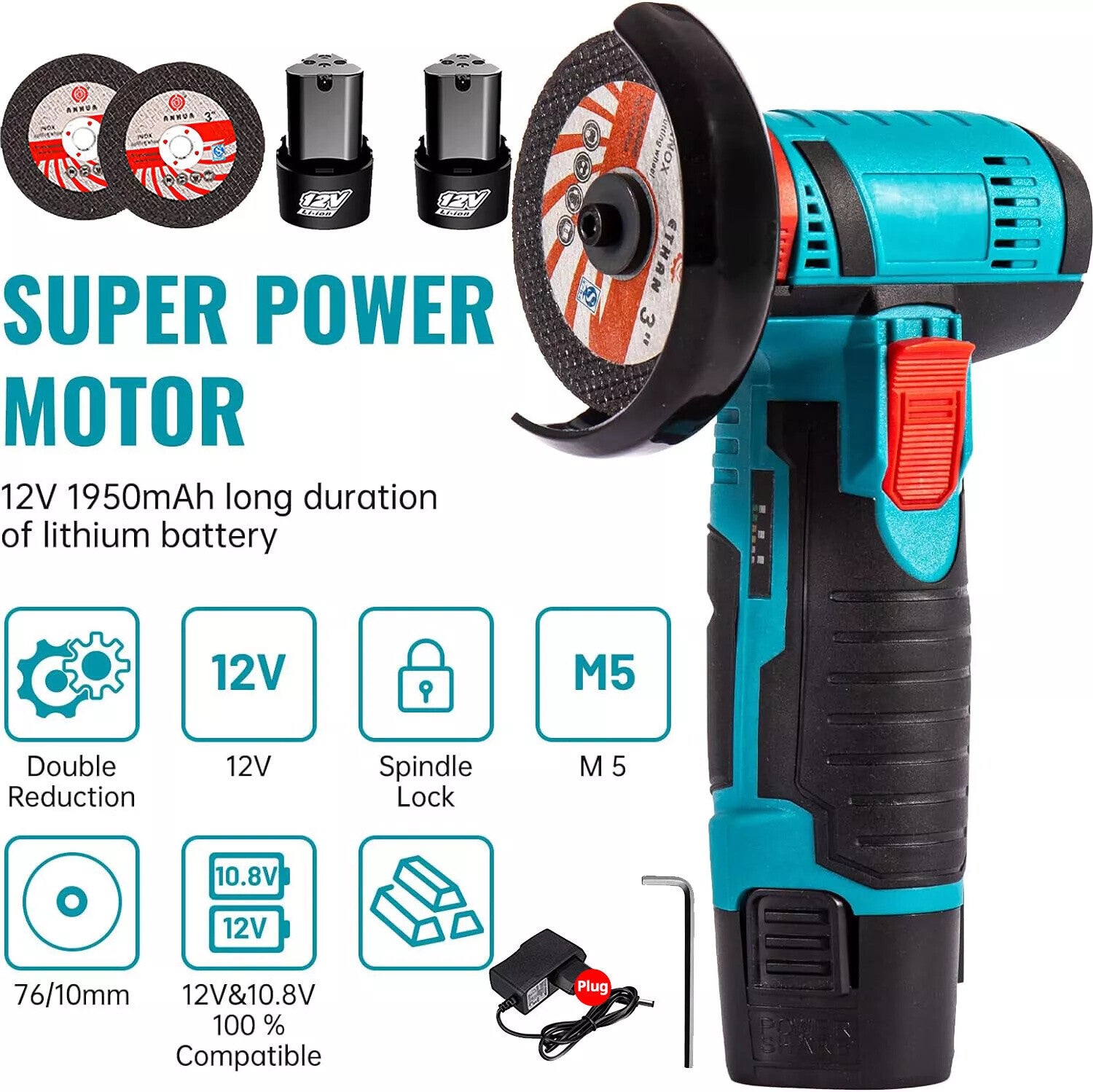 800W Mini Cordless Brushless Angle Grinder Cutting Tool W/ 2x Battery & Charger V201-CUT0012BU8AU