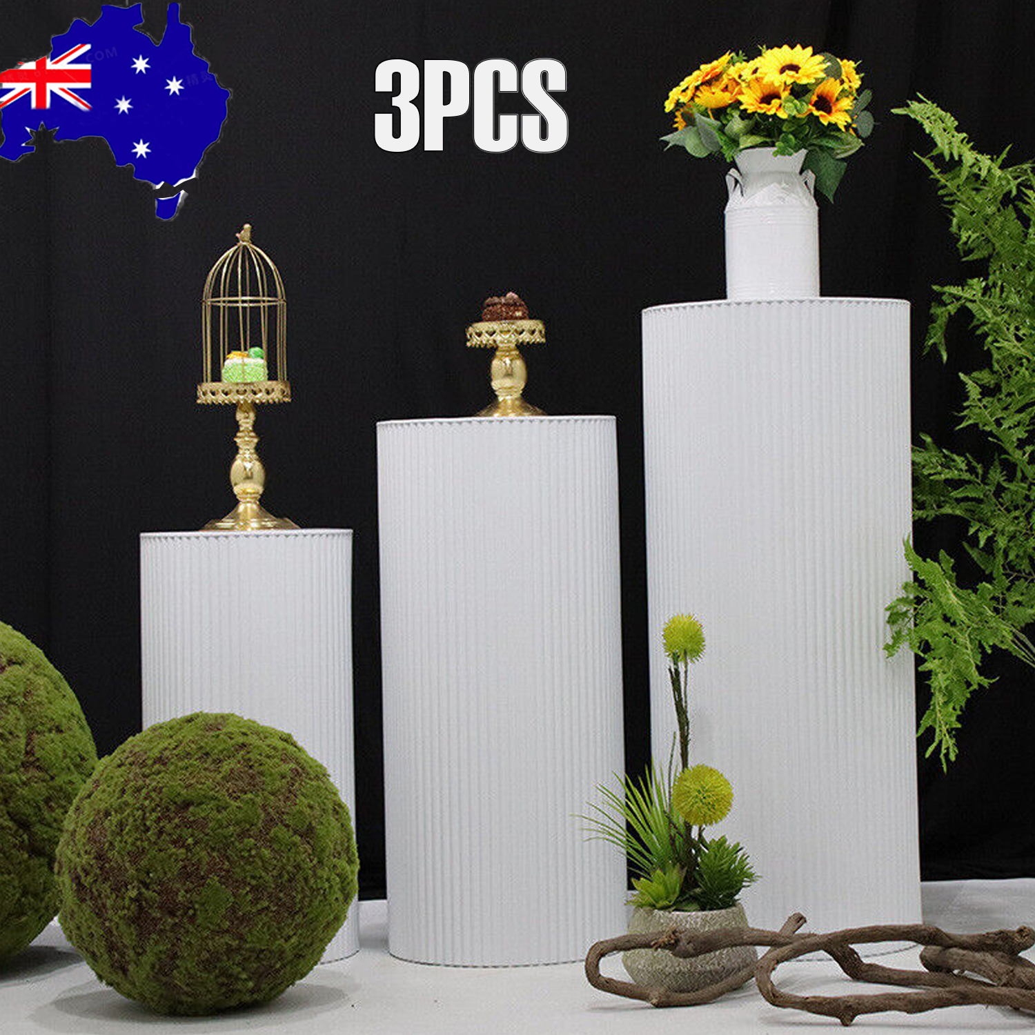3x Metal Wedding Plinths Cylinder Pedestal Stand Ripple Cake Dessert Display V201-CYL0003WH9AU