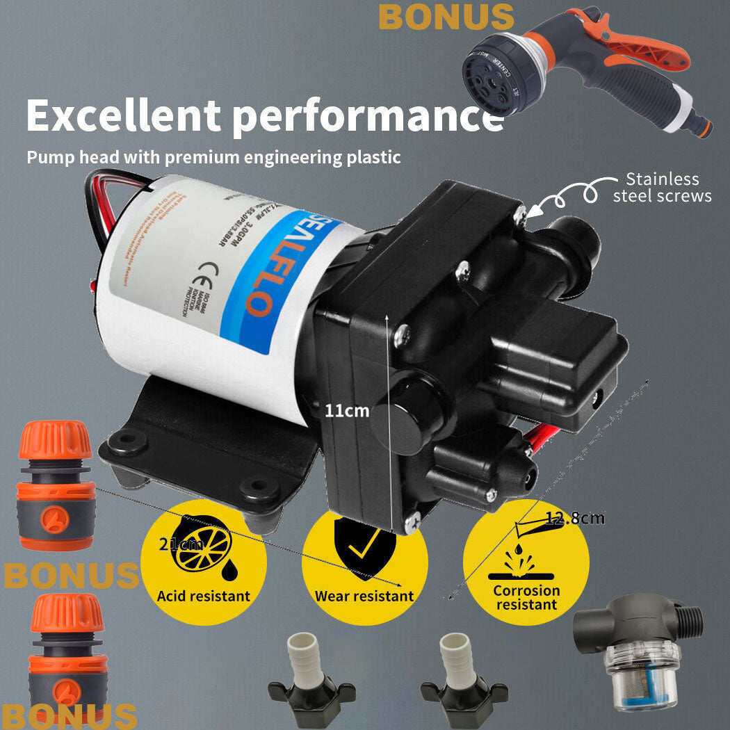 12V SEALFLO Water Pump High Pressure Self-priming rv Camping Boat 55PSI 11.3L/M V201-DP240155