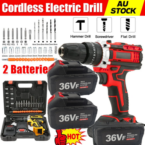 Cordless Drill w/2 Battery Heavy Duty Impact Driver Kit Brushless Hammer Set V201-DRIL0088VF8AU