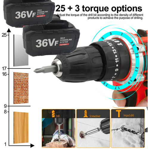 Cordless Drill w/2 Battery Heavy Duty Impact Driver Kit Brushless Hammer Set V201-DRIL0088VF8AU