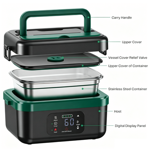 Portable 1L Cordless Electric Heated Lunch Box 16000mAh 60W 304 Stainless Steel Black&Green V201-ELB6080BGR8AU