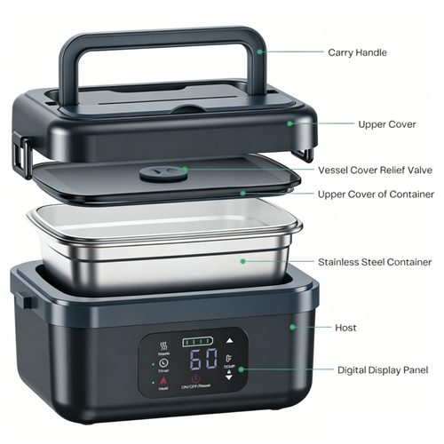 Portable 1L Cordless Electric Heated Lunch Box 16000mAh 60W 304 Stainless Steel Black& Gray