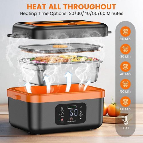 Portable 1L Cordless Electric Heated Lunch Box 16000mAh 60W 304 Stainless Steel Black& orange