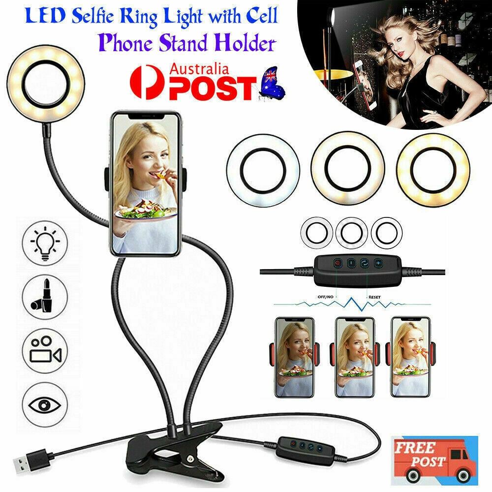 LED Selfie Ring Light with Cell Phone Holder Flexible Stand Live Stream Lamp AU V201-EZ1164506A1