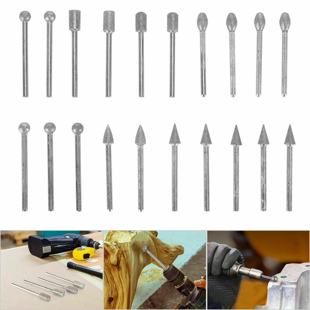 20pcs Diamond Grinding Heads Mini Drill Burrs Bit Set 3mm Shank for Rotary Tool V201-EZ1167876A1