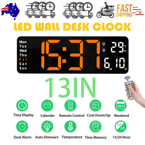 13" Orange Large Digital Big Jumbo LED Wall Desk Clock Display With Temperature Calendar V201-FAZ0013OR8AU