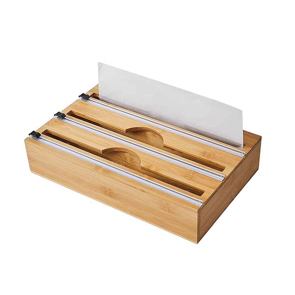 3 Grids Bamboo Food Wrap Dispenser Cutter Foil Cling Film Storage Holder Box Kitchen V201-FCA0003WO8AU