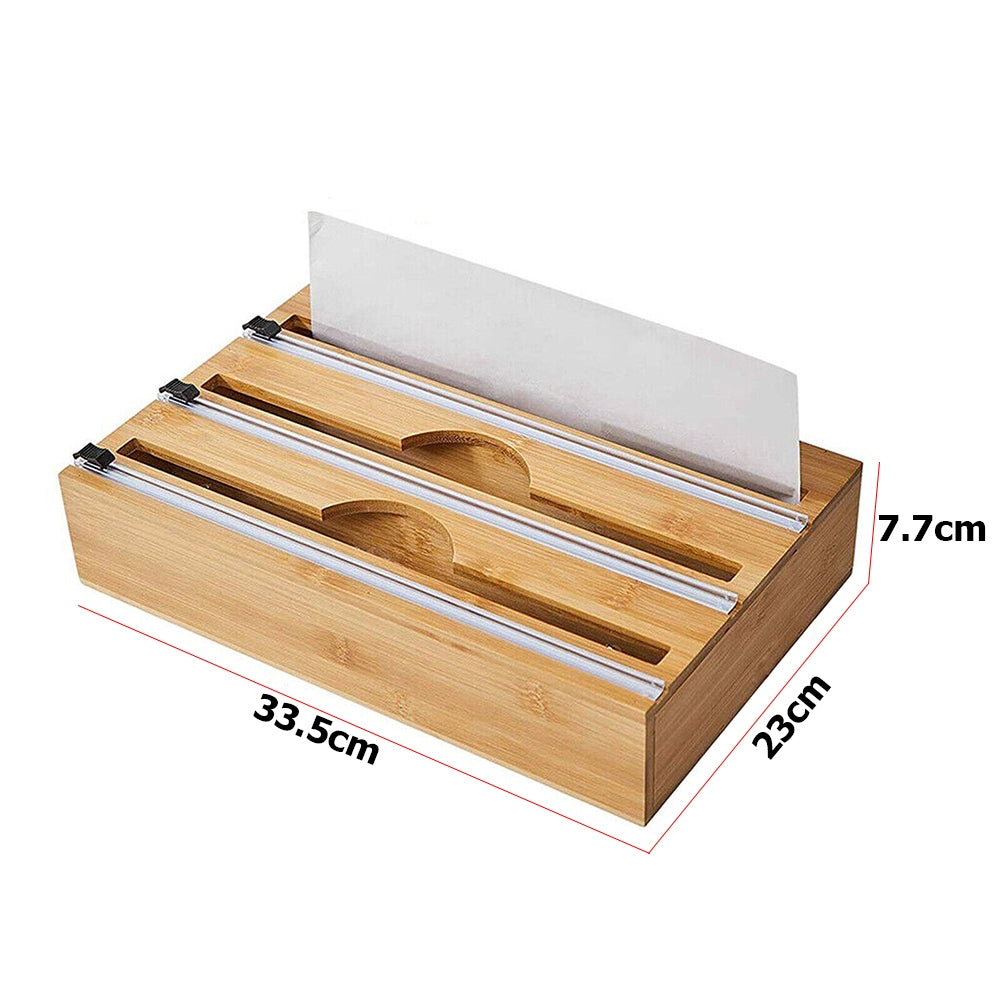 3 Grids Bamboo Food Wrap Dispenser Cutter Foil Cling Film Storage Holder Box Kitchen V201-FCA0003WO8AU