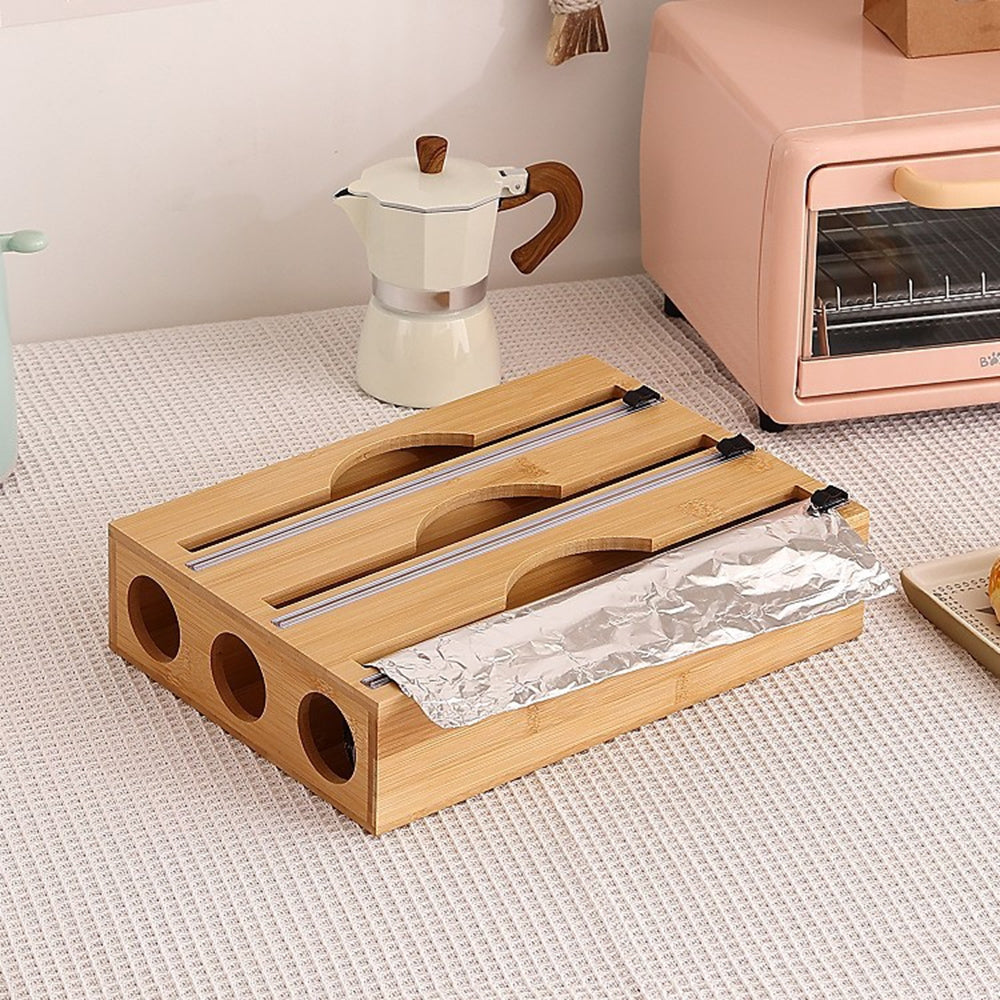 3 Grids Bamboo Food Wrap Dispenser Cutter Foil Cling Film Storage Holder Box Kitchen V201-FCA0003WO8AU