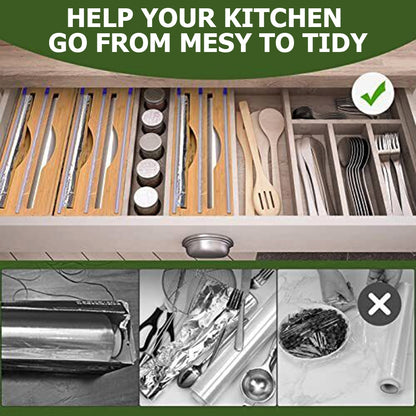 3 Grids Bamboo Food Wrap Dispenser Cutter Foil Cling Film Storage Holder Box Kitchen V201-FCA0003WO8AU