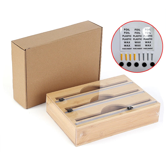 3 Grids Bamboo Food Wrap Dispenser Cutter Foil Cling Film Storage Holder Box Kitchen V201-FCA0004WO8AU