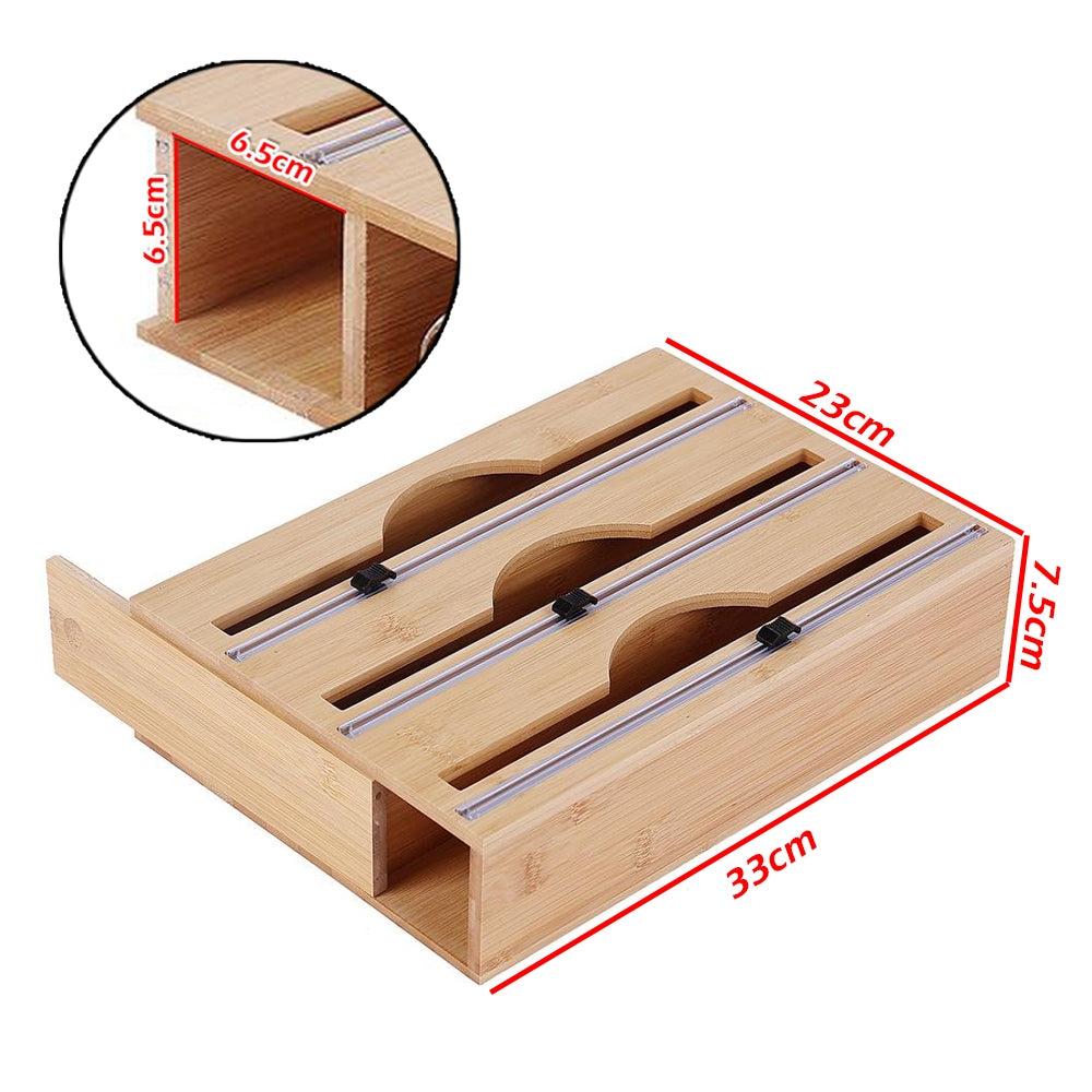 3 Grids Bamboo Food Wrap Dispenser Cutter Foil Cling Film Storage Holder Box Kitchen V201-FCA0004WO8AU