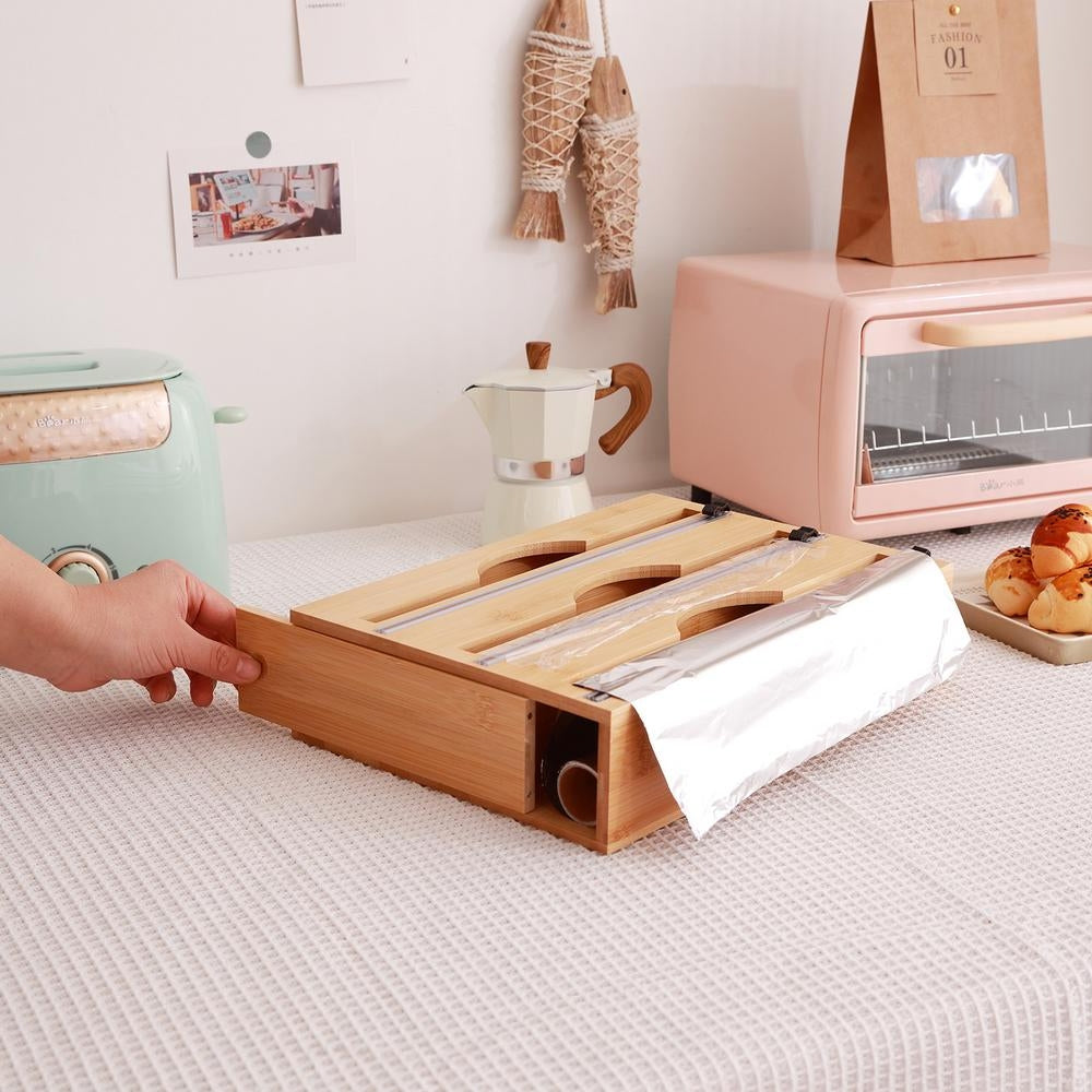 3 Grids Bamboo Food Wrap Dispenser Cutter Foil Cling Film Storage Holder Box Kitchen V201-FCA0004WO8AU