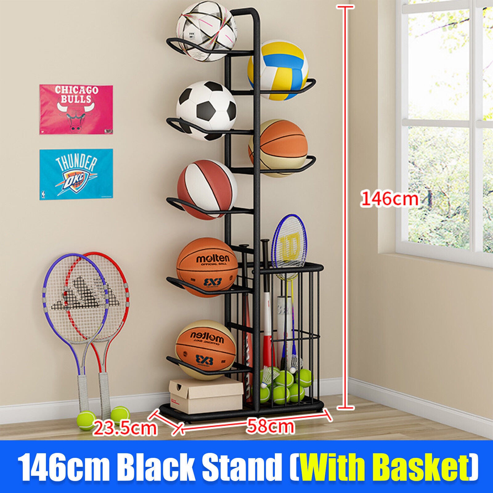 Basketball Soccer Storage Rack Sport Ball Organizer Ball Holder Display Stand With Basket V201-FCA7555BL8AU