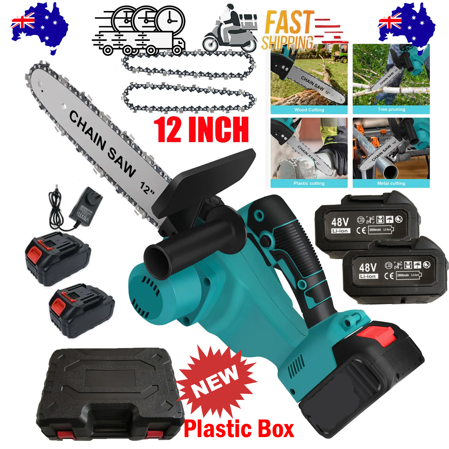 12"inch Cordless Electric Chainsaw + 2 Battery 2 Chain Brushless Wood Cutter Saw V201-FDZ0012BU8AU