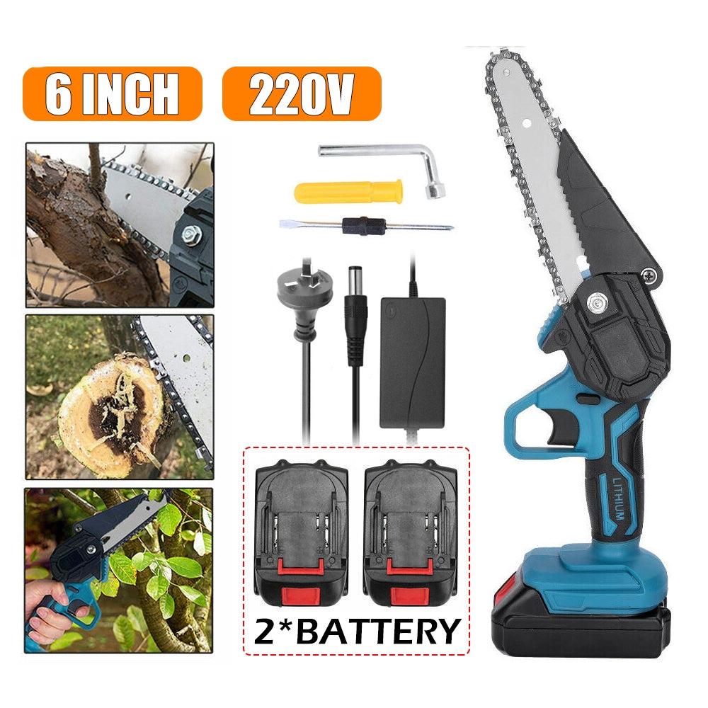 6" Mini Cordless Electric Chainsaw 2X Battery Powered Wood Cutter Rechargeable V201-FDZ0036BU8AU