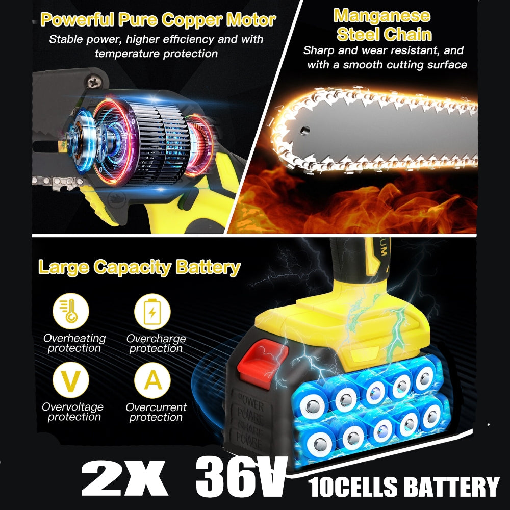 36V 8" Mini Cordless Electric Chainsaw 2XBattery 36V Wood Cutter Rechargeable V201-FDZ0036YL8AU