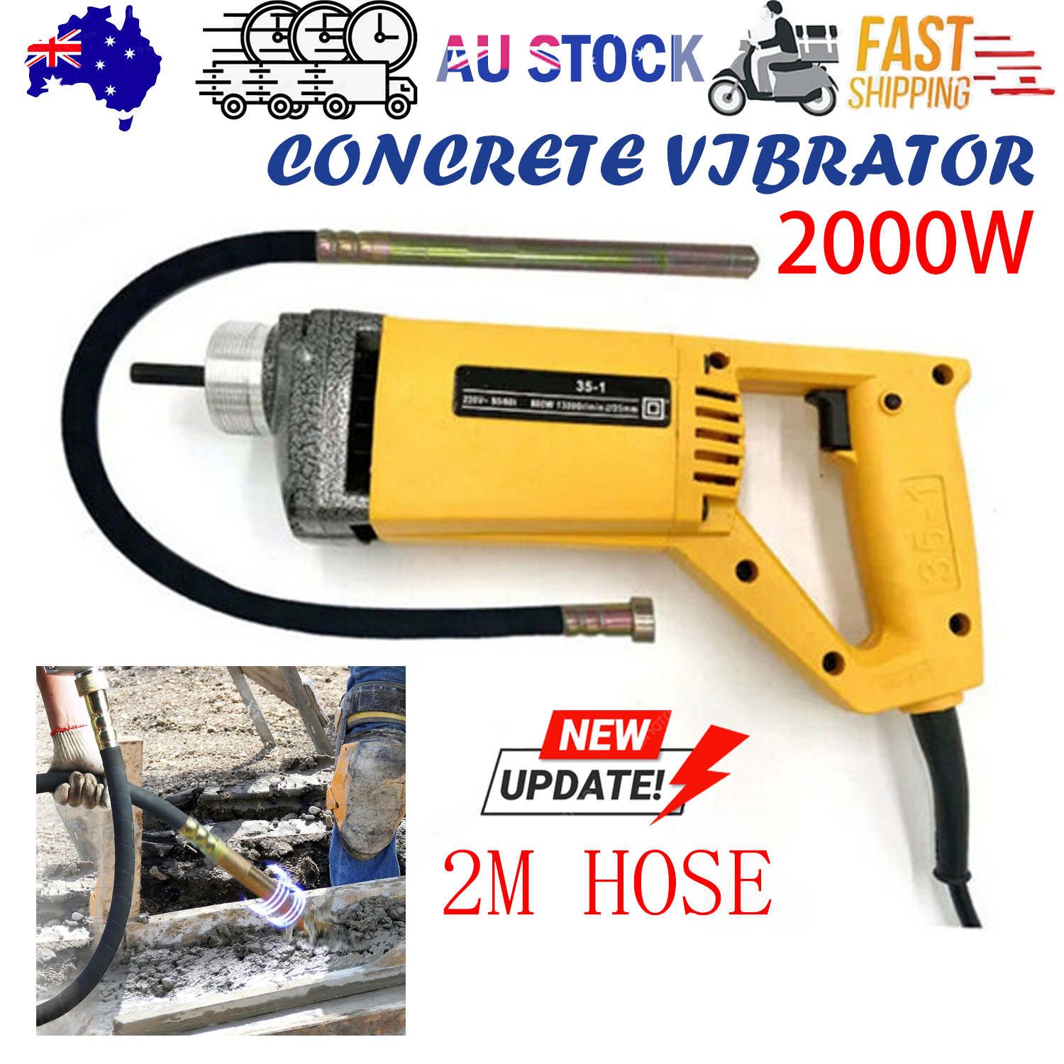 2000W Handheld Electric Concrete Vibrator 3600VPM 35mm Needle 2m Hose Cement V201-FDZ2000YL9AU