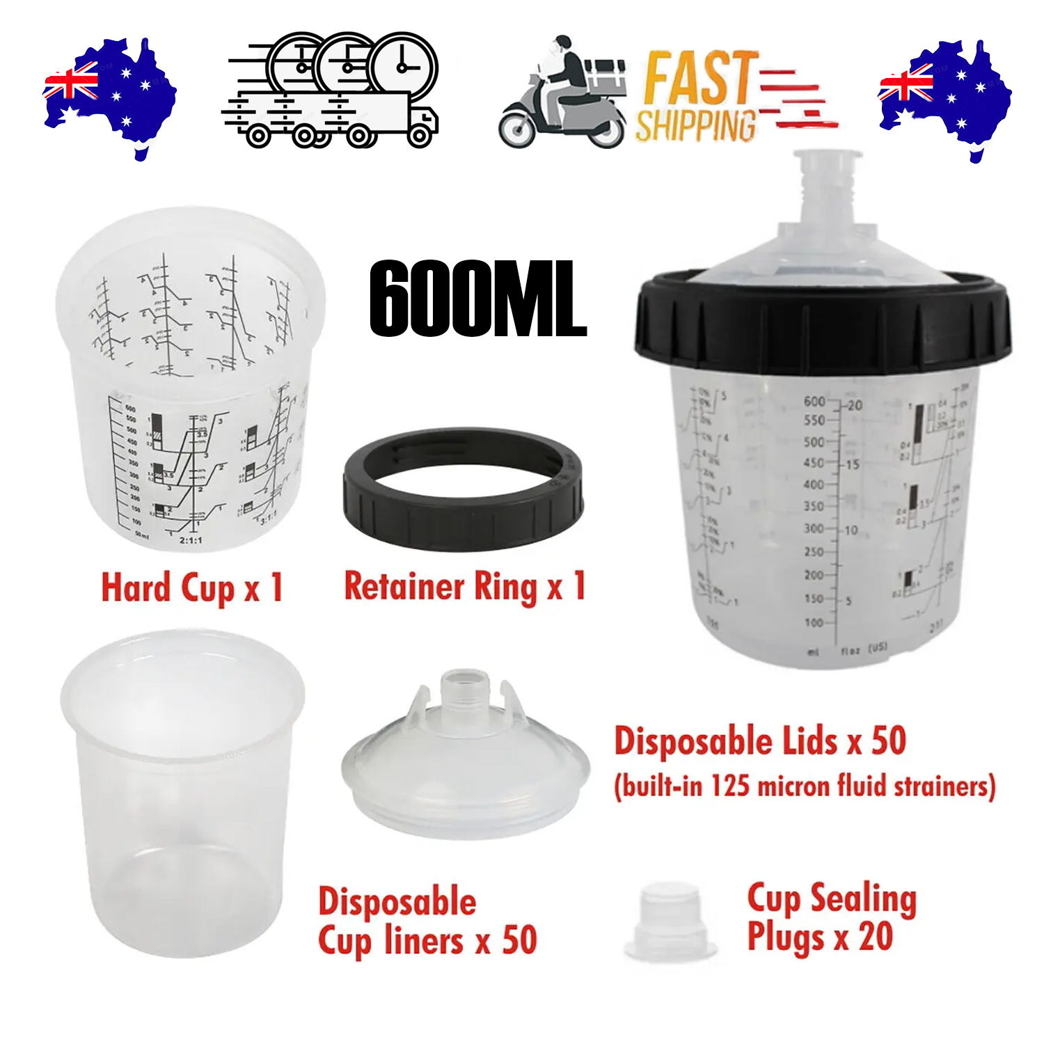 50 Sets Paint Spray Gun Cup Lids Liners Kit with Micron Filter 600ML Clear V201-FDZ6050WH8AU