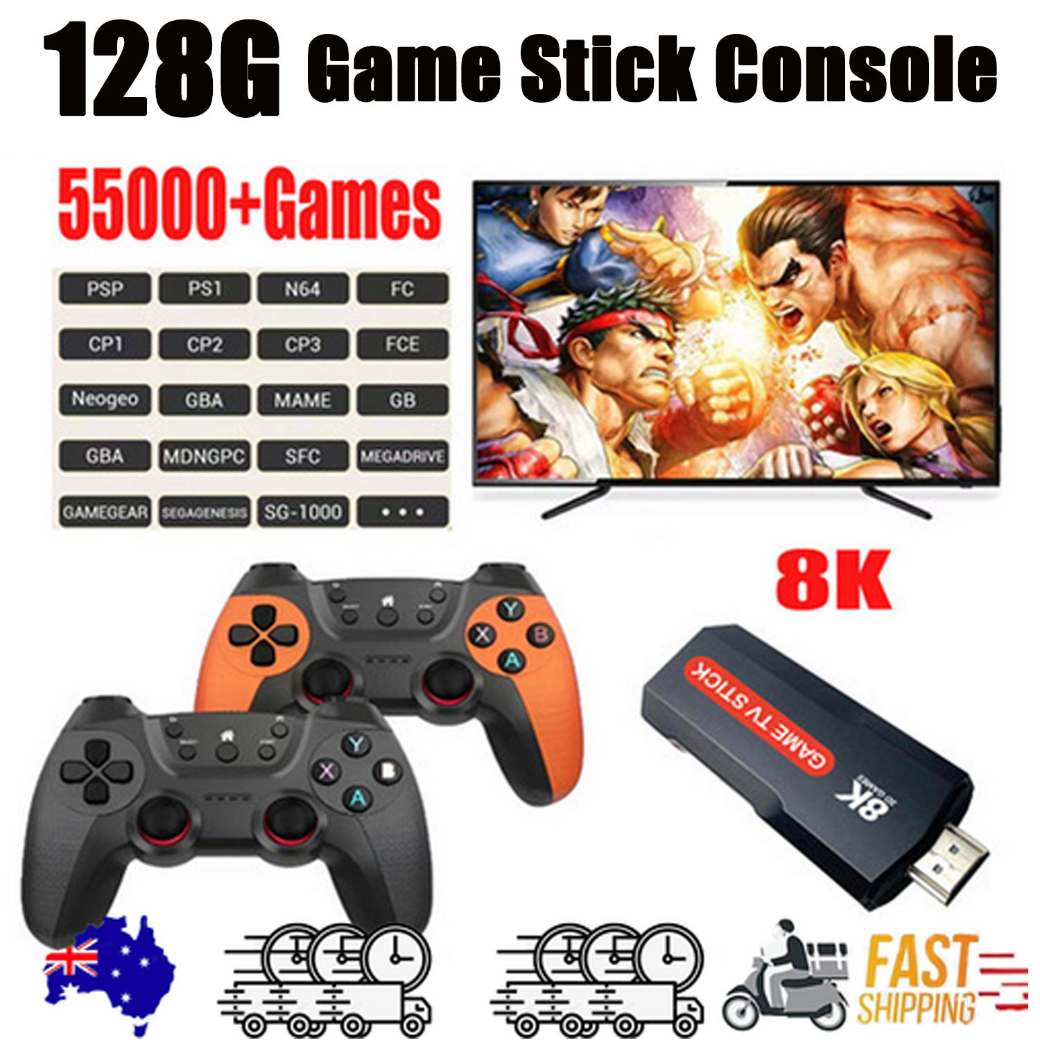 128GB 2025 NEW 8K HDMI Video Game Stick Console 55000+ 2 Wireless Controller V201-GAME0256BL8AU