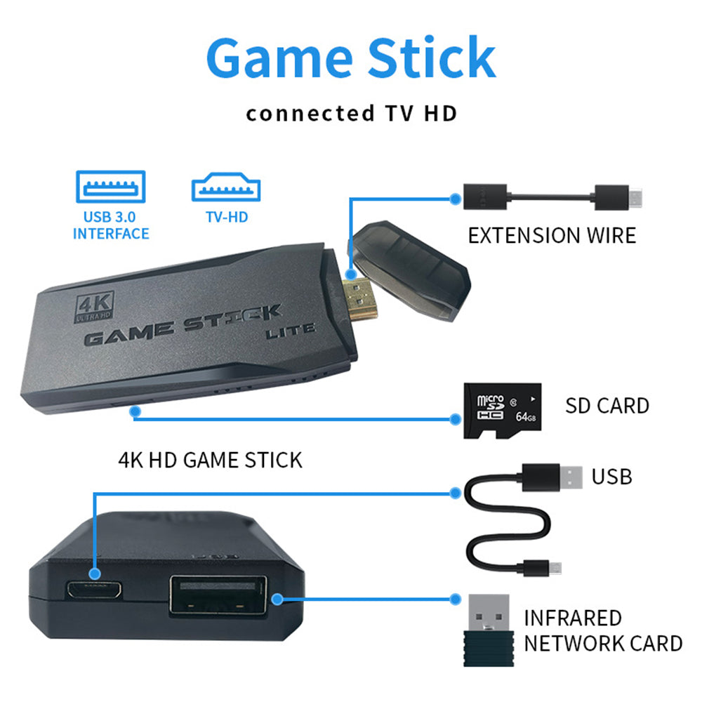 64G 4K 10000+ Retro Games Stick TV Video Game Console HDMI 2 Wireless Controller V201-GAME1064BL8AU