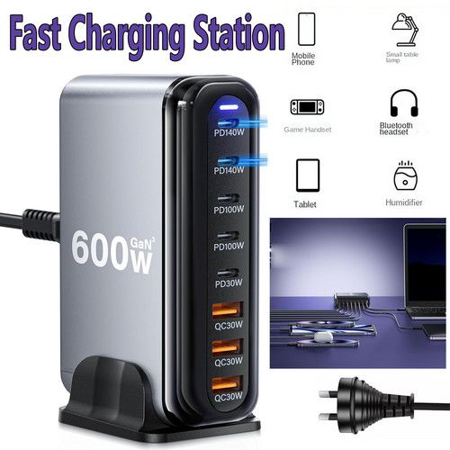 600W GaN3 8 Ports Fast Charging Station USB&Type-C for iPhone, Laptops, MacBook V201-GAN0600BL8AU