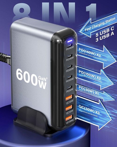 600W GaN3 8 Ports Fast Charging Station USB&Type-C for iPhone, Laptops, MacBook V201-GAN0600BL8AU