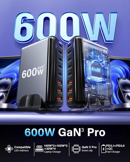 600W GaN3 8 Ports Fast Charging Station USB&Type-C for iPhone, Laptops, MacBook V201-GAN0600BL8AU
