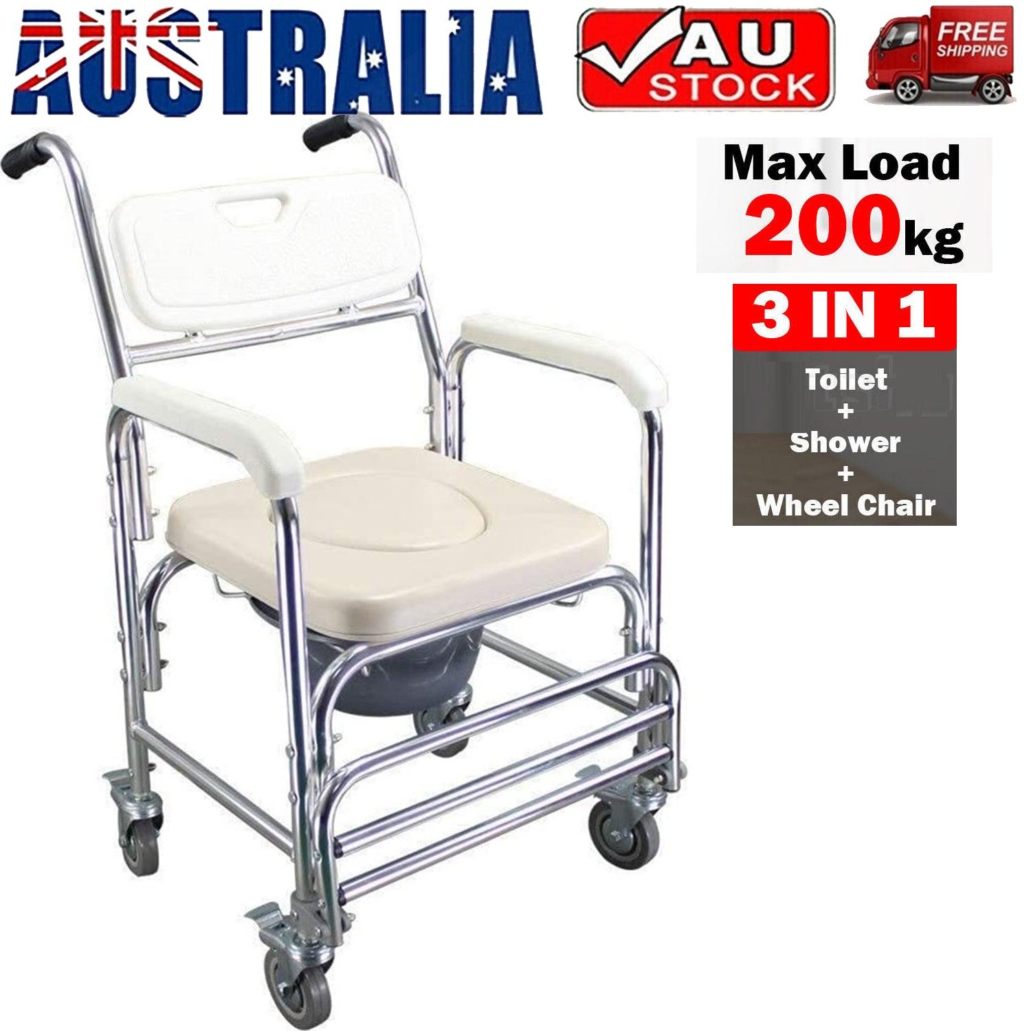 Mobile Shower Toilet Commode Chair Bathroom Aluminum Bedside Footrest Wheelchair V201-GBA0581WH8AU