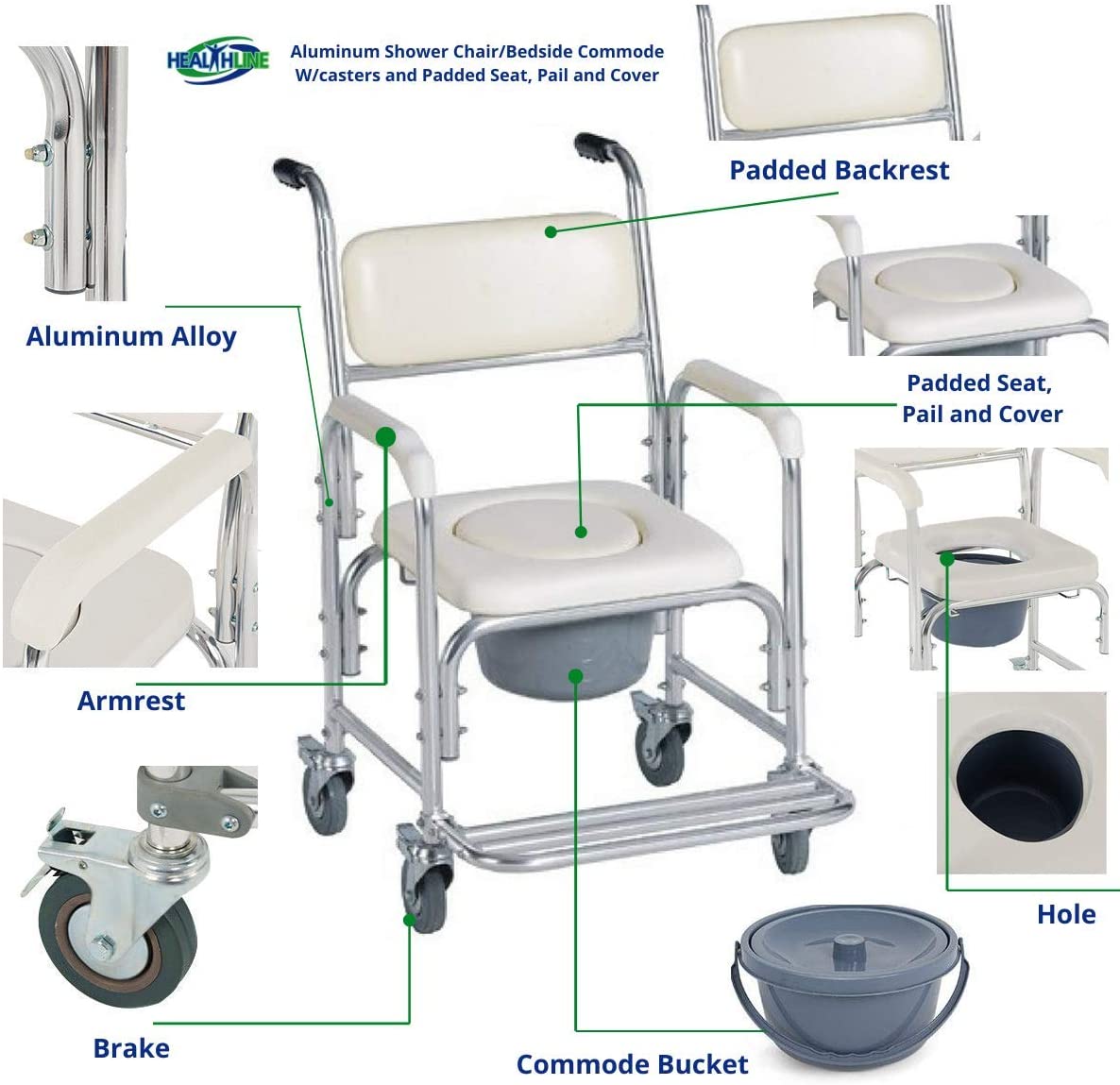 Mobile Shower Toilet Commode Chair Bathroom Aluminum Bedside Footrest Wheelchair V201-GBA0581WH8AU